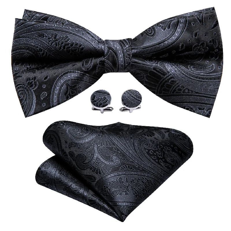 Men's tie with subtle dots and lines design-Barry Wang Black Grey Paisley Pre-tied Men Bow Tie Hanky Cufflinks Set