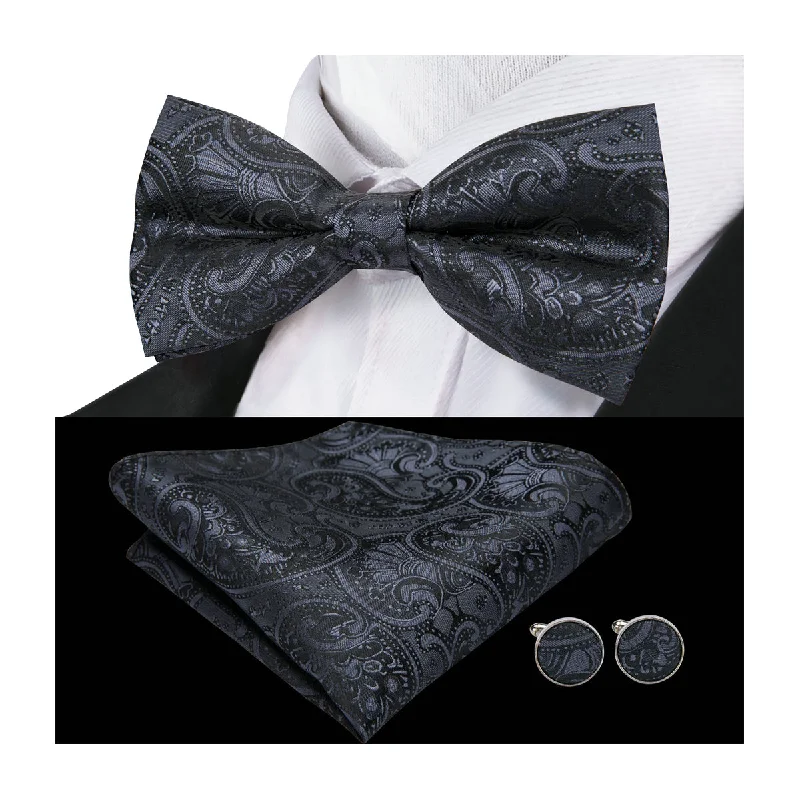 Best men's tie for wedding receptions-Black Paisley Bow Tie Hanky Cufflinks Set