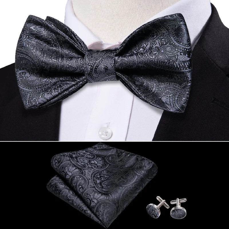 Men's tie with luxury fabric for formal wear-Barry Wang Neck Tie Black Paisley Pre-tied Bow Tie Hanky Cufflinks Set