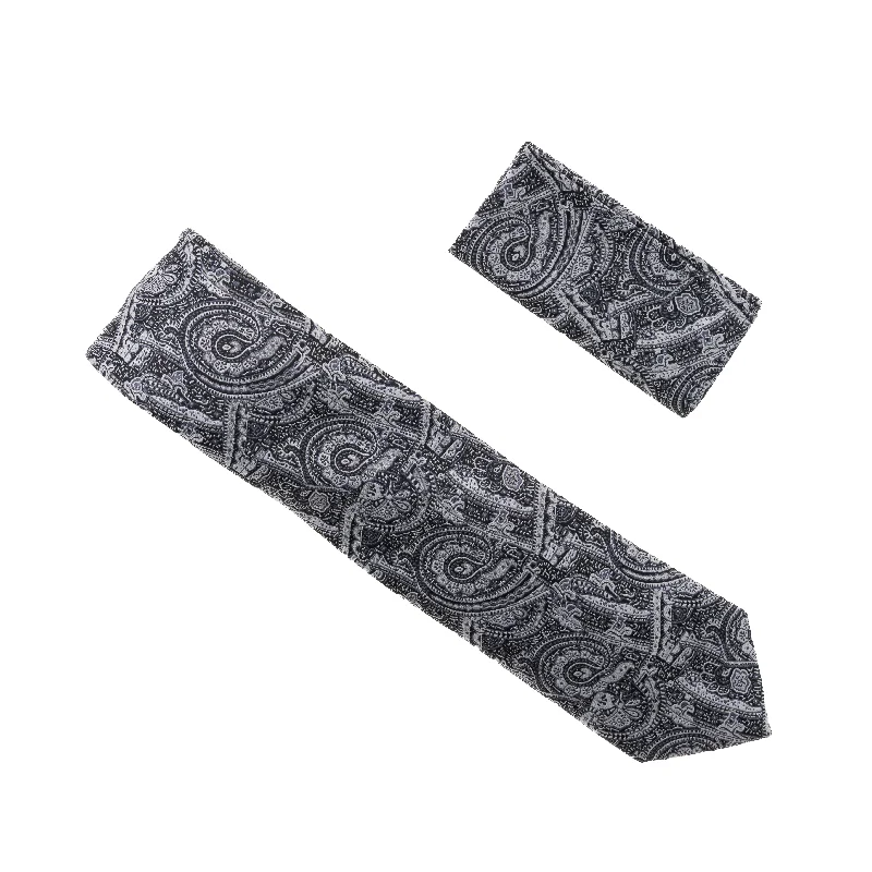 Classic men's tie for a polished, professional appearance-Black, Silver & Grey Designed Silk Tie with Matching Pocket Square WTHXL-871