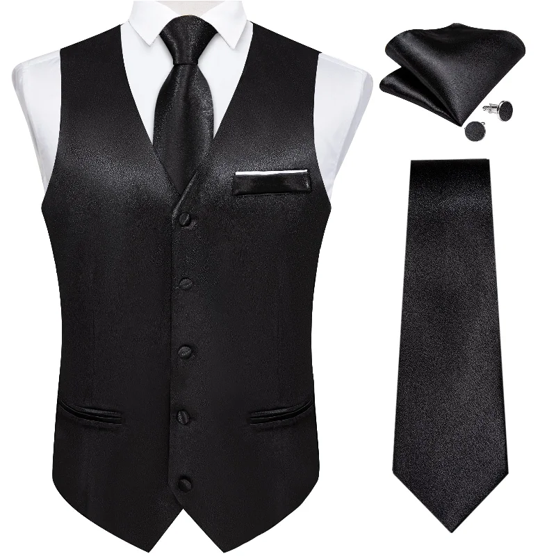 Stylish men's silk tie for evening wear-Black Solid Satin Waistcoat Vest Tie Handkerchief Cufflinks Set