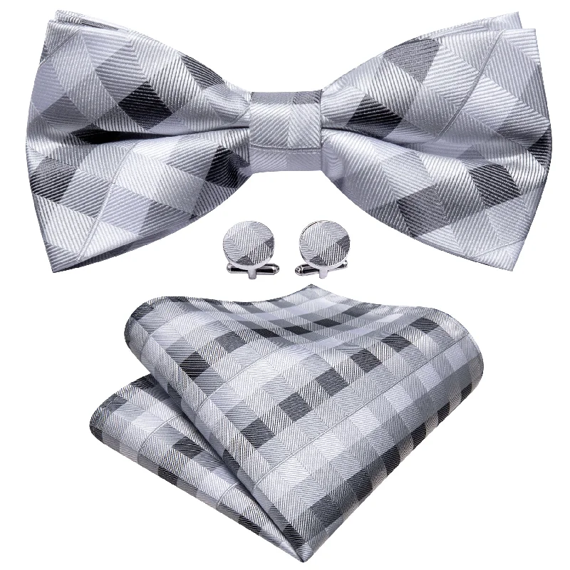 Luxury men's tie with a solid finish-Barry Wang Grey White Black Plaid Pre Tied Bow Tie Hanky Cufflinks Set