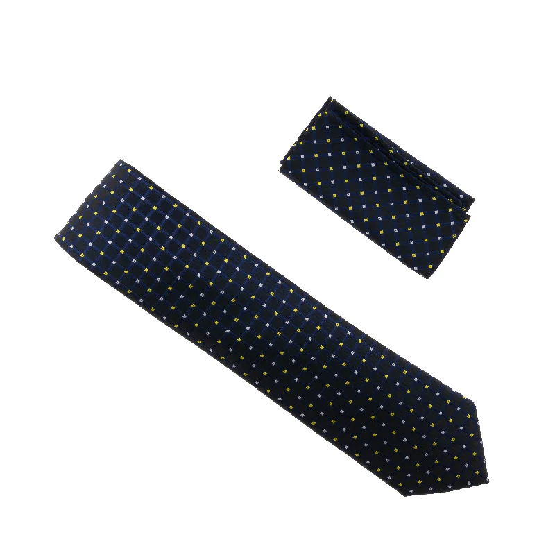 Men's tie with luxurious patterns for special events-Black With Navy, Gold and Silver Mini Squares Designed Tie with Matching Pocket Square WTHXL-848