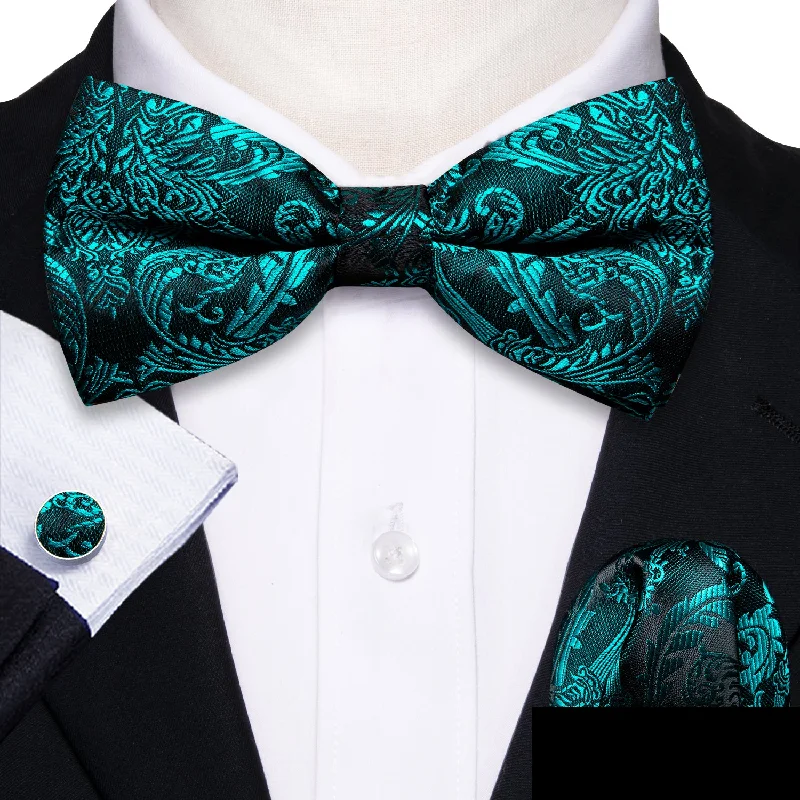 Men's tie for a sophisticated brunch event-Barry Wang Teal Neck Ties Paisley Pre-tied Bow Tie Hanky Cufflinks Set