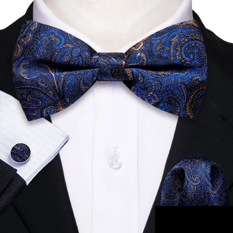 Men's tie with luxurious silk for a smooth finish-Barry Wang Blue Brown Paisley Pre-tied Men Bow Tie Hanky Cufflinks Set