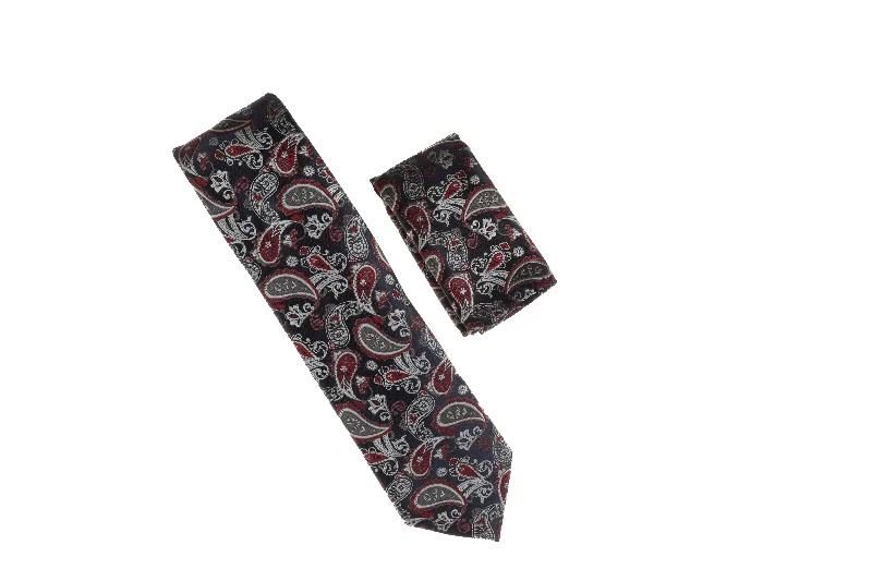 Stylish tie with modern geometric elements for casual wear-Navy, Burgundy, and Gray, Paisley Designed Necktie Tie with Matching Pocket Square WTH-A103