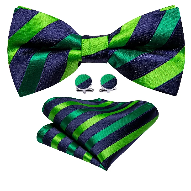 Men's tie with rich fabric texture-Barry Wang Blue Green Striped Pre-tied Men Bow Tie Hanky Cufflinks Set