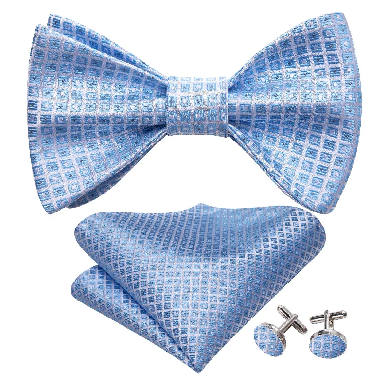 Stylish men's silk tie for holiday parties-Barry Wang Sky Blue Grey Plaid Mens Silk Bow Tie Hanky Cufflinks Set