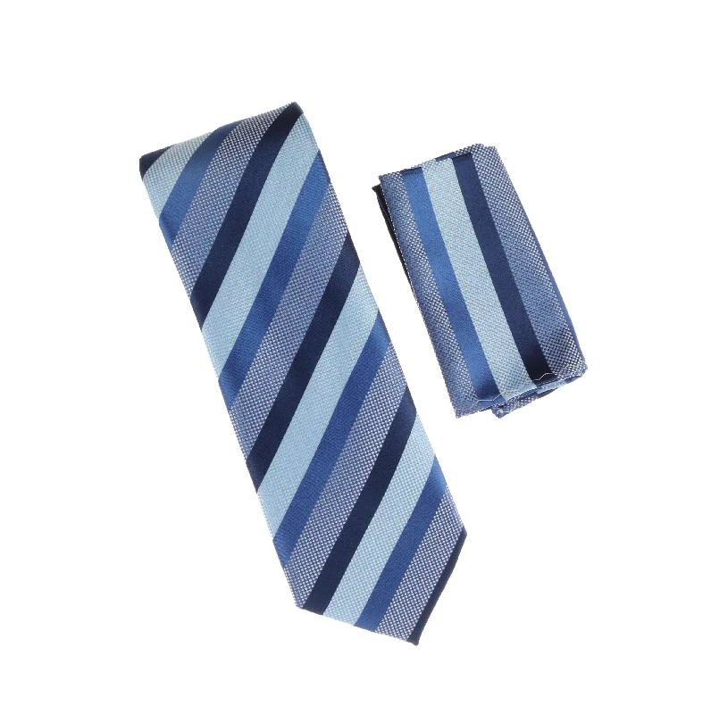 Men's tie with vibrant colors for upscale parties-Blue, Navy and Light Blue Striped Designed Necktie Tie with Matching Pocket Square