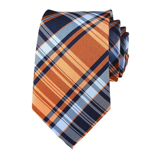 Men's tie with bold checks for casual wear-Classy Men Blue Orange Plaid Silk Tie