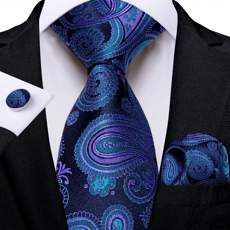 Classic men's tie with diamond texture-Blue Paisley Men's Silk Tie Handkerchief Cufflinks Set