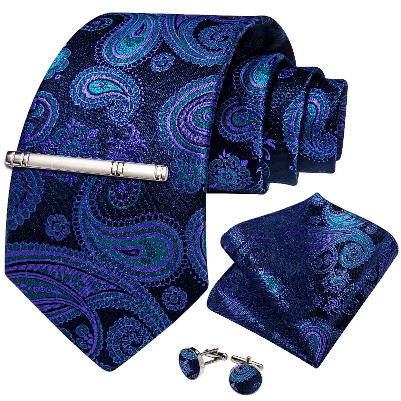 Men's tie for summer business attire-Blue Paisley Men's Tie Handkerchief Cufflinks Clip Set