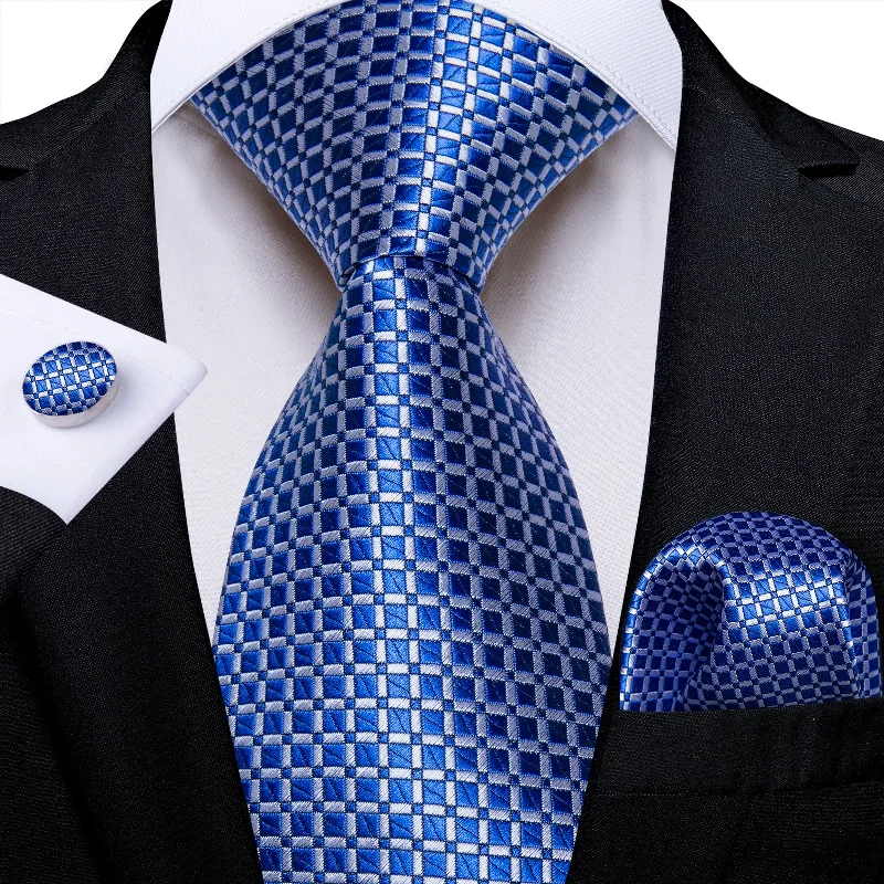 Men's tie for weddings with rich patterns-Blue Plaid Men's Silk Tie Handkerchief Cufflinks Set