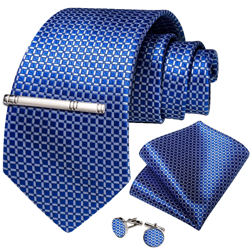 Elegant men's tie with embroidered details-Blue Plaid Men's Tie Handkerchief Cufflinks Clip Set