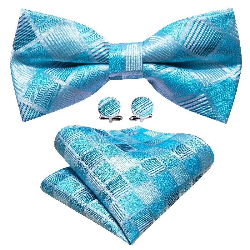 Stylish men's tie with bold patterns-Barry Wang Mens Silk Blue Plaid Pre Tied Bow Tie Hanky Cufflinks Set