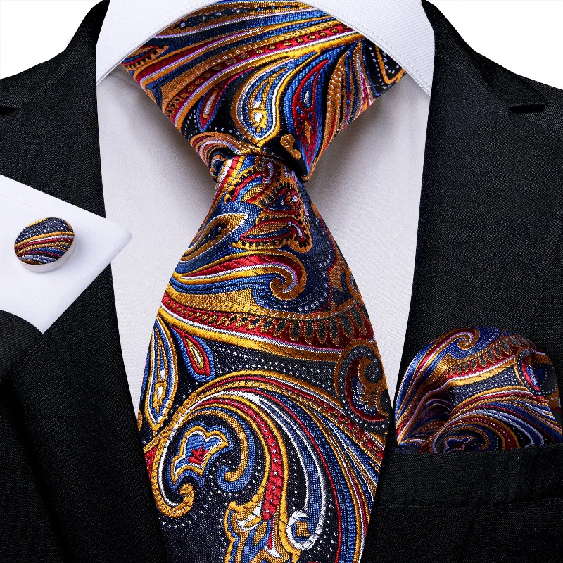 Men's tie with contrasting patterns for office wear-Blue Red Golden Floral Men's Silk Tie Handkerchief Cufflinks Set