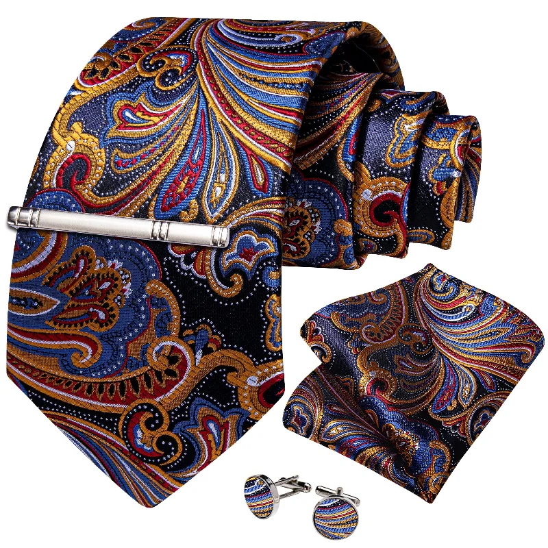 Men's tie with a polished finish for formal events-Blue Red Golden Floral Men's Tie Handkerchief Cufflinks Clip Set