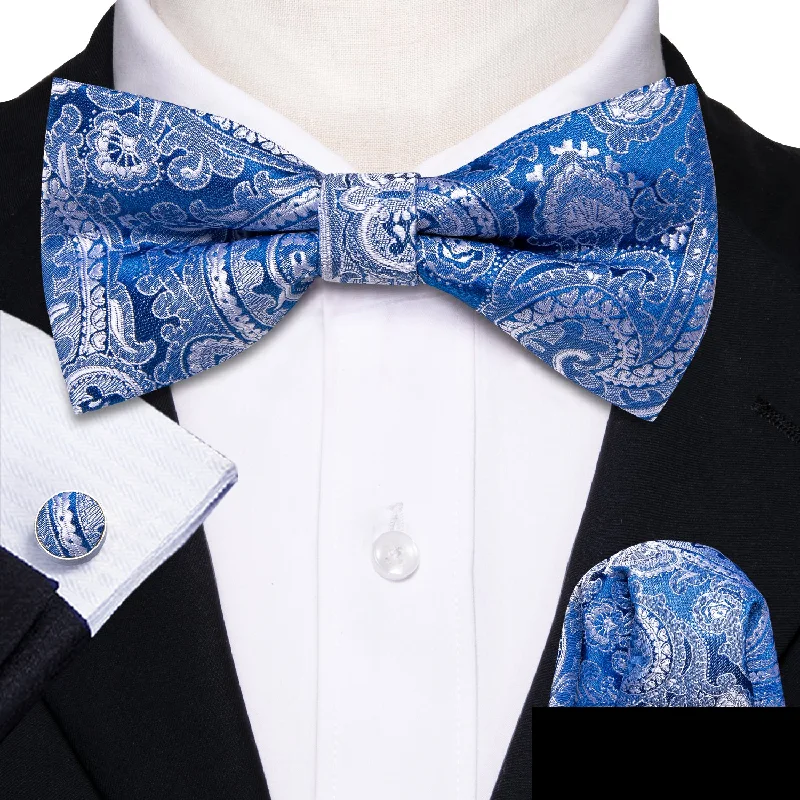 Best men's tie for summer events-Barry Wang Blue Silver Paisley Pre-tied Bow Tie Hanky Cufflinks Set