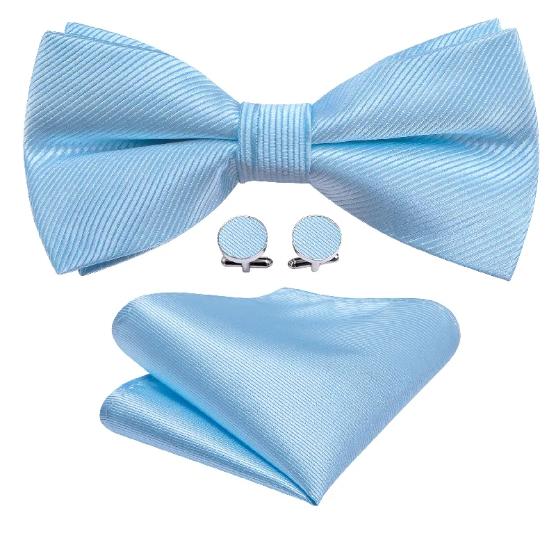 Men's tie with modern polka dot print-Barry Wang Sky Blue Solid Pre-tied Mens Bow Tie Hanky Cufflinks Set