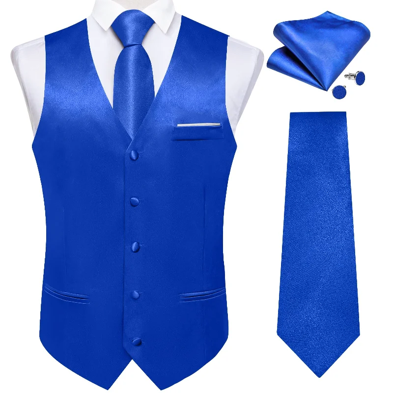 Men's tie with bold accents for weddings-Blue Solid Satin Waistcoat Vest Tie Handkerchief Cufflinks Set