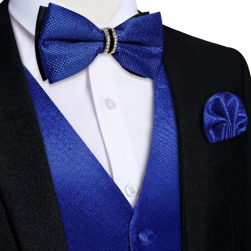 Men's tie with a solid color for interviews-Blue Solid Waistcoat Vest Bowtie Handkerchief Cufflinks Set