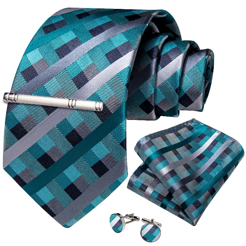 Elegant men's tie for upscale meetings-Blue Stripe Lattice Men's Tie Handkerchief Cufflinks Clip Set