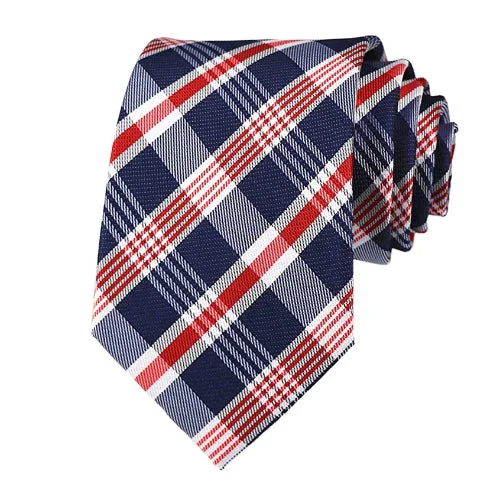 Best tie for wedding season-Classy Men Blue White Red Plaid Silk Tie