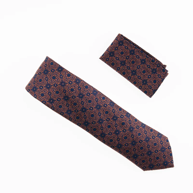 Best men's tie for a family celebration-Blue With a Rust Designed Extra Long Necktie With Matching Pocket Square