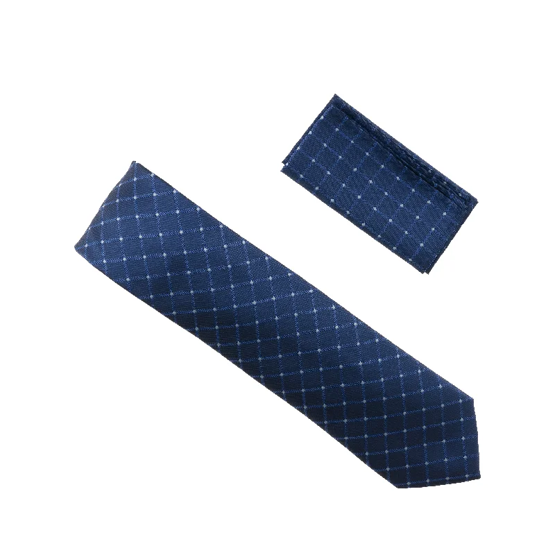 Stylish men's tie for professional look with rich fabric-Blue with Large Blue Squares & Silver Mini Dots Extra Long Silk Tie with Matching Pocket Square