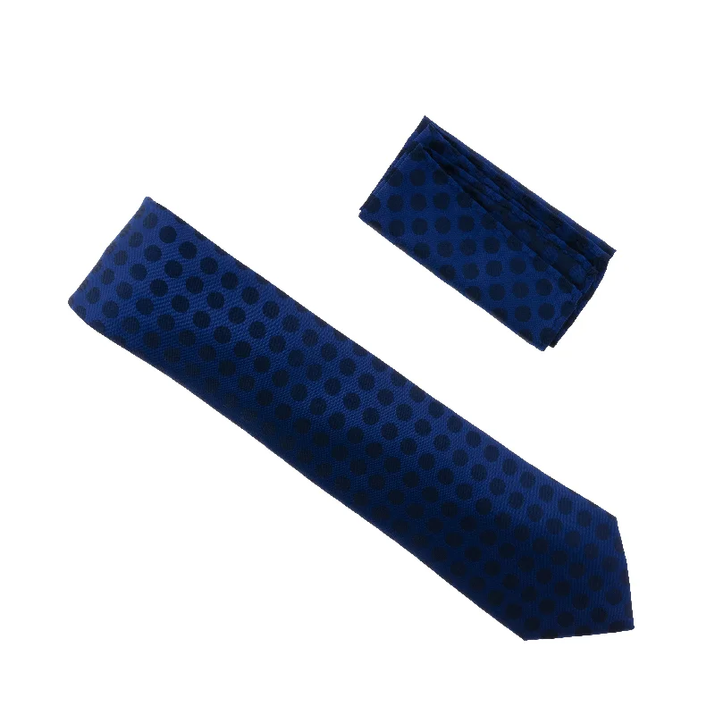 Classic men's tie for a professional business dinner-Blue with Navy Polka Dots Extra Long Necktie with Matching Pocket Square