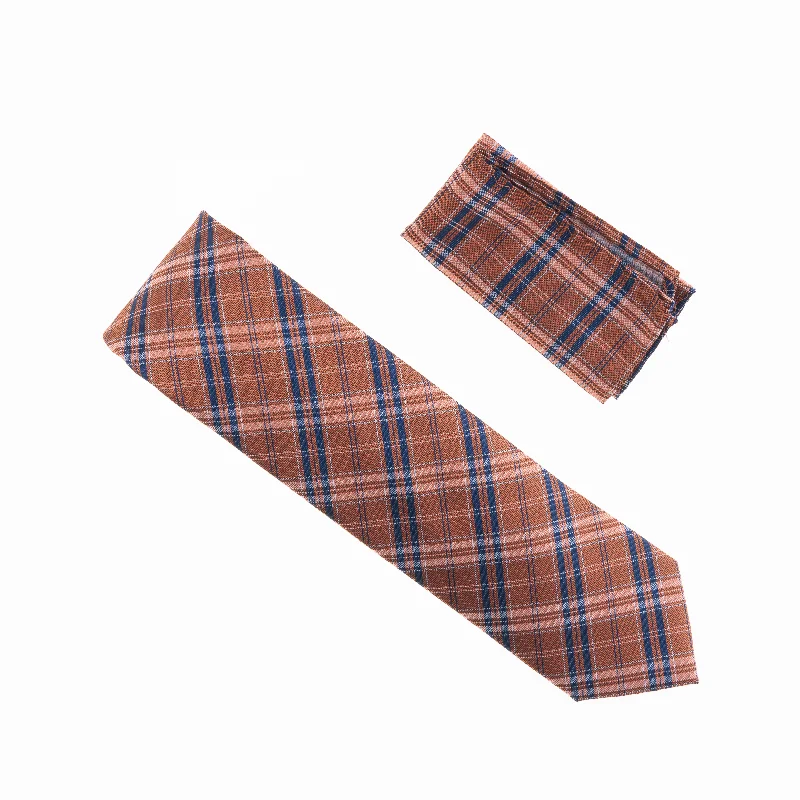 Men's tie with modern patterns for high-end events-Bronze with Navy and Mini Silver Striped Designed Extra Long Necktie Tie with Matching Pocket Square