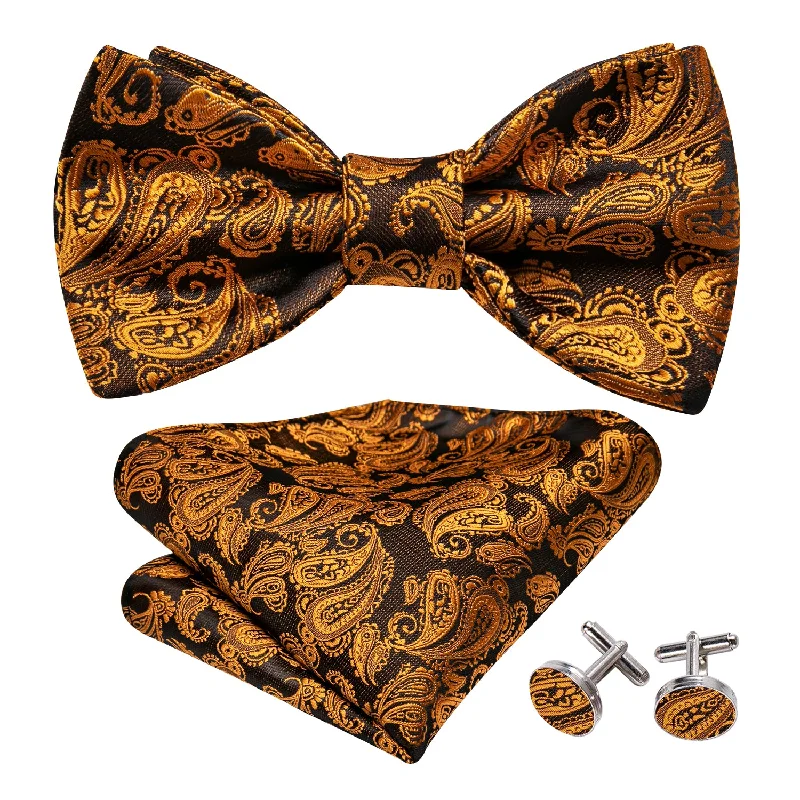 Men's tie with stripes and dots design-Barry Wang Black Gold Brown Black Paisley Bow Tie Hanky Cufflinks Set