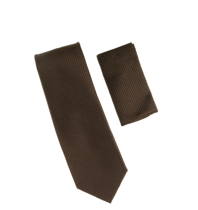 Men's slim tie for business casual look-Brown Micro-Grid Extra Long Necktie with Matching Pocket Square