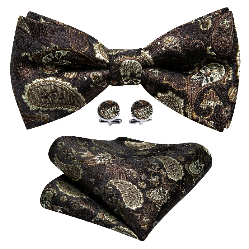 Best men's tie for casual work meetings-Barry Wang Brown Silver Paisley Pre-tied Bow Tie Hanky Cufflinks Set