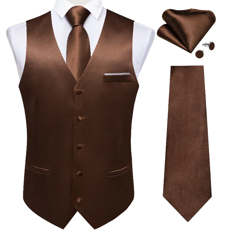 Best men's tie for elegant dinner parties-Brown Solid Satin Waistcoat Vest Tie Handkerchief Cufflinks Set