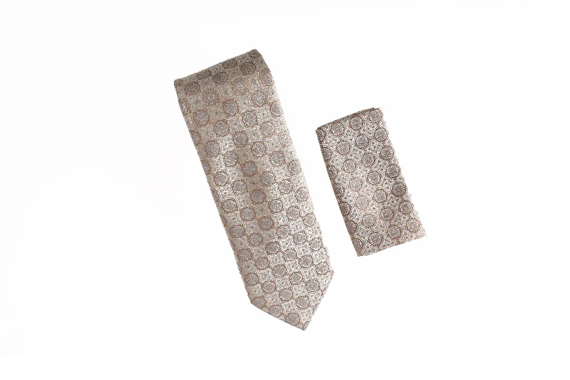 Men's silk tie for upscale dinners-Brown, Tan and Silver Designed Extra Long Necktie with Matching Silk Pocket Square