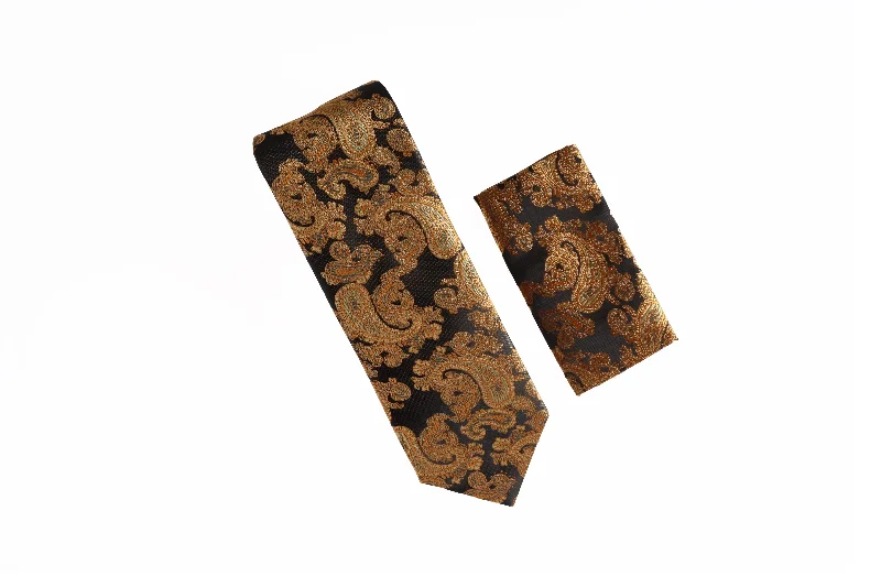 Designer men's necktie for special occasions-Brown With Gold and Yellow Paisley Designed Extra Long Necktie with Matching Pocket Square