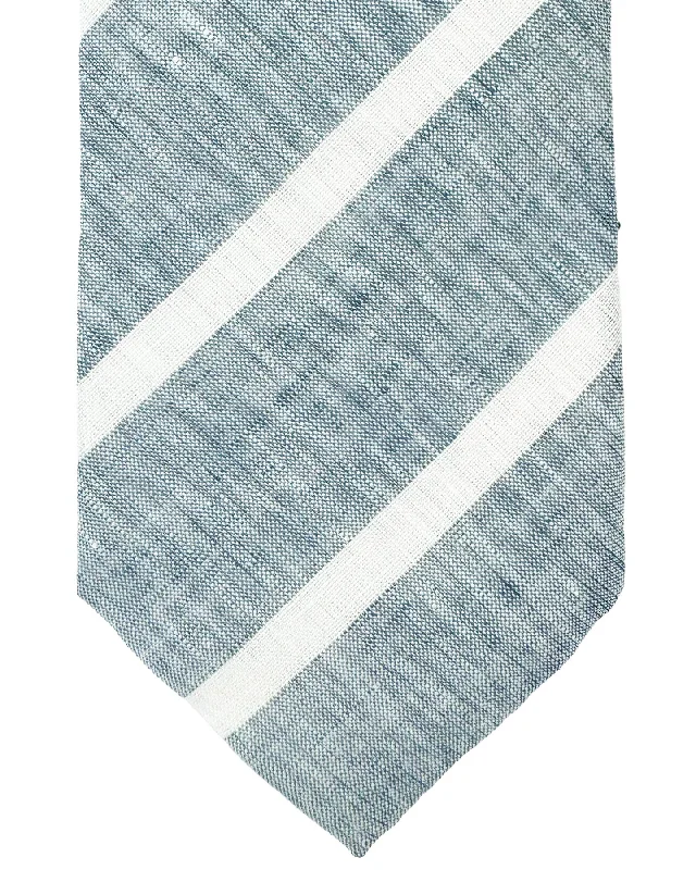 Classic men's tie with elegant colors for work-Brunello Cucinelli Linen Tie Light Blue White Stripes