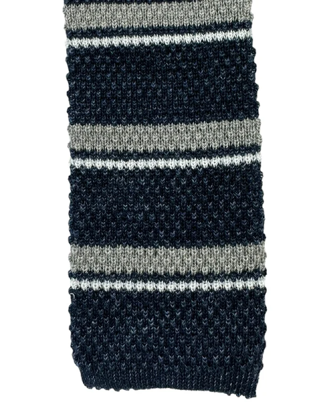 Best men's tie with a pop of color for casual wear-Brunello Cucinelli Square End Knitted Tie Dark Blue Gray Horizontal Stripes - Linen/ Cotton