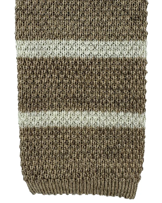 Men's tie with modern houndstooth pattern-Brunello Cucinelli Square End Knitted Tie Taupe Horizontal Stripes SALE