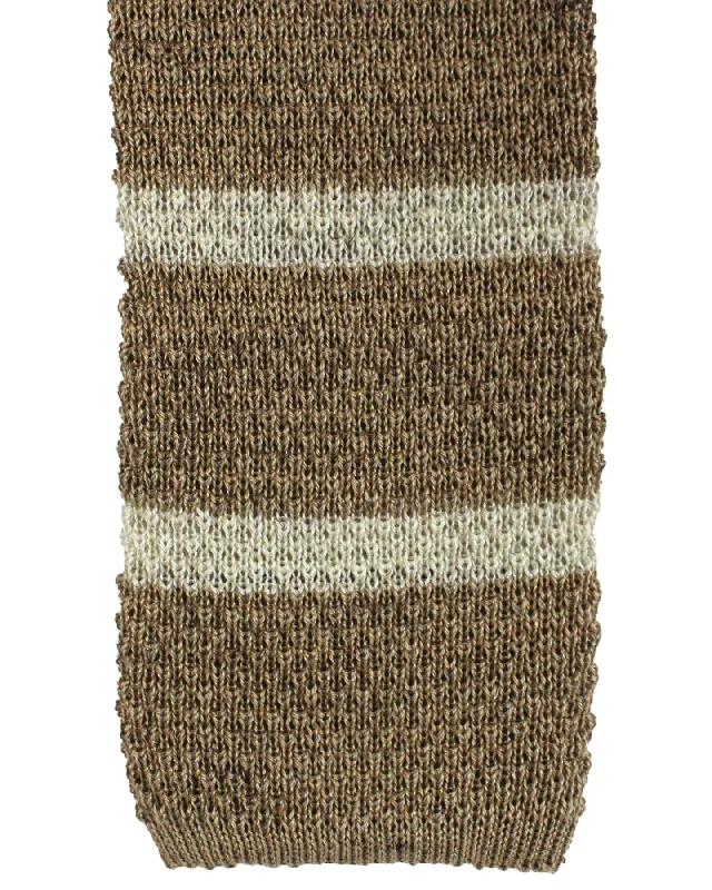 Men's tie with a solid color for interviews-Brunello Cucinelli Square End Knitted Tie Taupe Stripes Linen Silk SALE