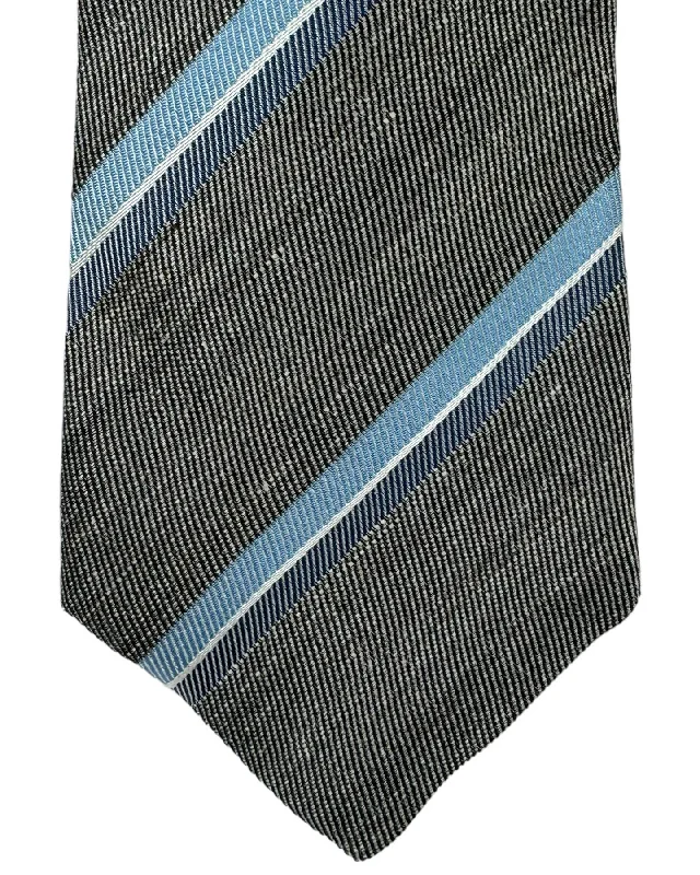 Best men's tie with modern flair for job interviews-Brunello Cucinelli Tie Gray Blue Stripes - Linen Silk