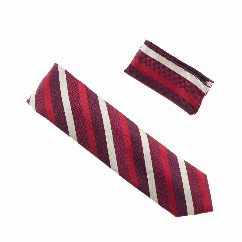 Stylish men's tie with subtle plaid pattern-Burgundy, Red, Maroon and Tan Striped Designed Extra Long Necktie Tie with Matching Pocket Square