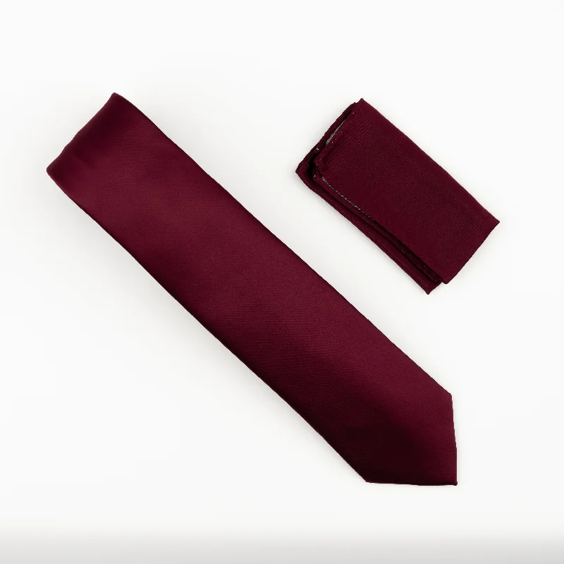 Unique men's tie for a wedding celebration-Burgundy Satin Finish Silk Extra Long Necktie with Matching Pocket Square