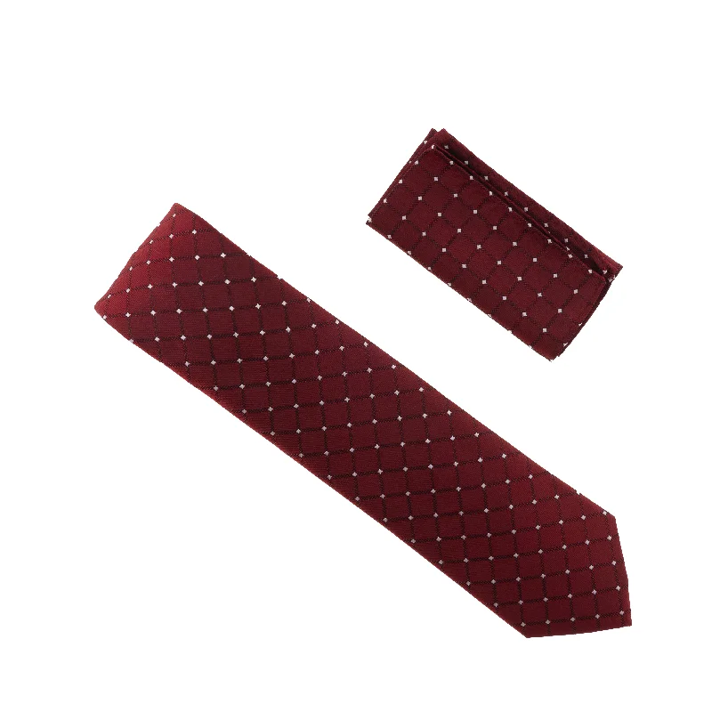 Classic men's tie with diamond pattern-Burgundy with Large Burgundy Squares & Silver Mini Dots Extra Long Silk Tie with Matching Pocket Square