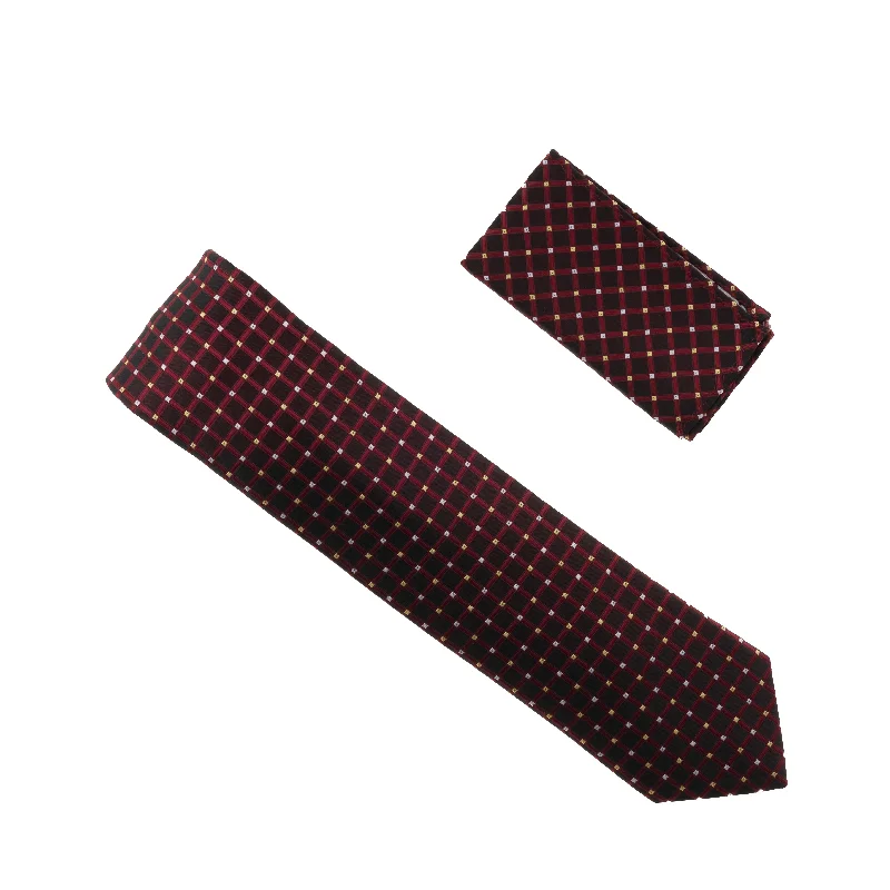 Elegant men's silk tie for formal occasions-Burgundy With Maroon and Silver Mini Square Designed Tie with Matching Pocket Square WTHXL-847