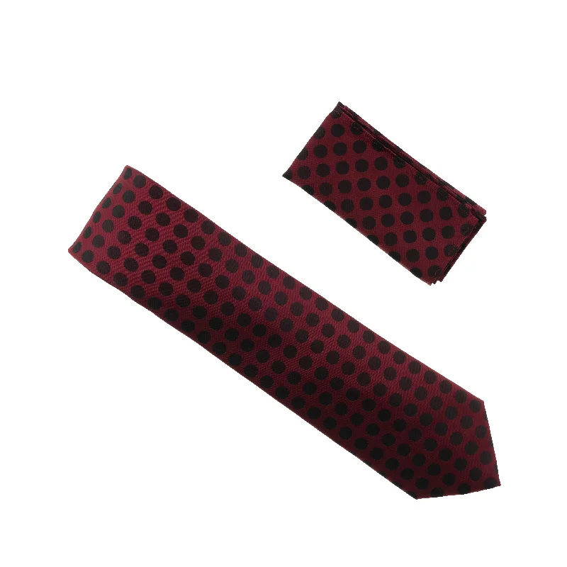 Men's tie with paisley design for weddings-Burgundy with Merlot Colored Polka Dots Extra Long Necktie with Matching Pocket Square