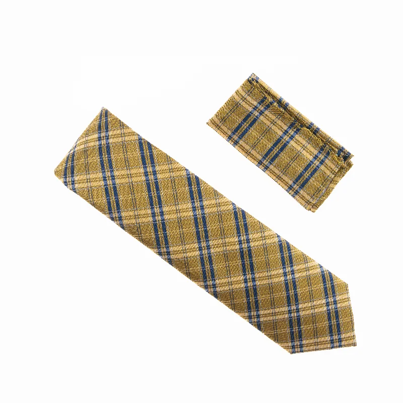 Men's tie with contrasting color blocks-Camo Gold with Navy and Mini Silver Striped Designed Extra Long Necktie Tie with Matching Pocket Square