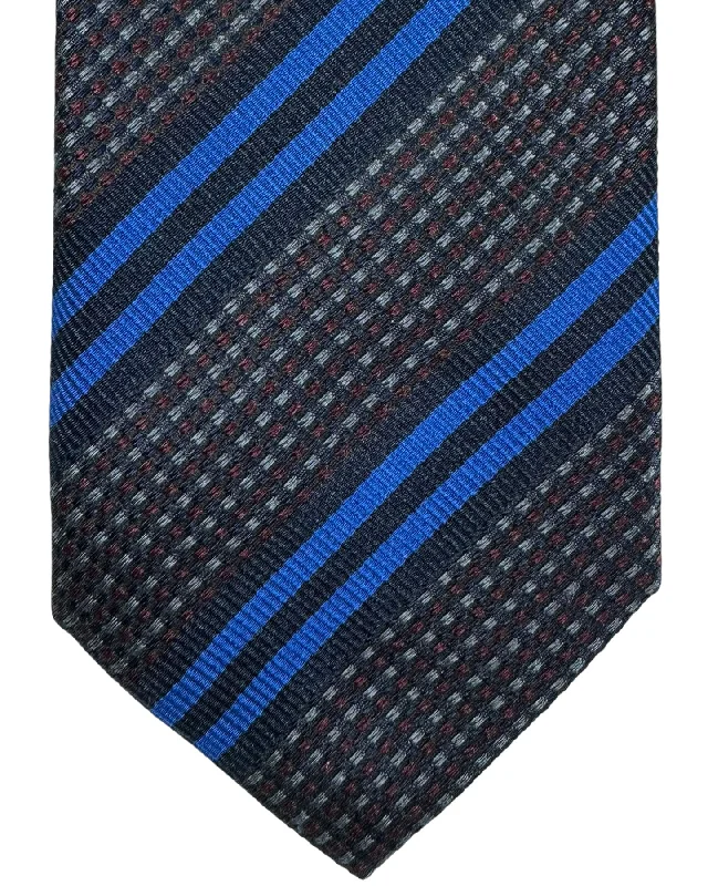 Men's tie with paisley design for weddings-Canali Silk Tie Dark Blue Royal Blue Maroon Gray Stripes Pattern