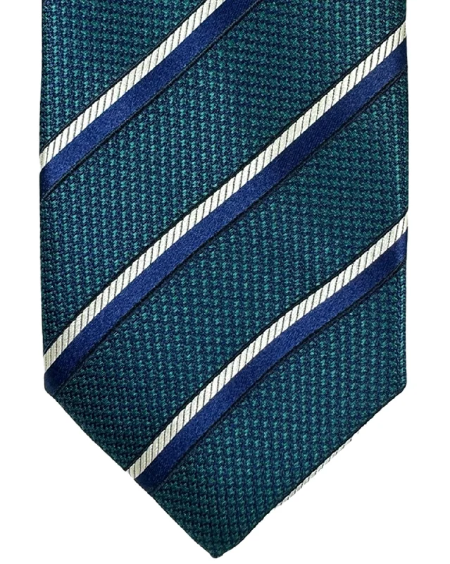 Classic men's tie with fine pinstripes-Canali Silk Tie Navy Green Silver Stripes Pattern